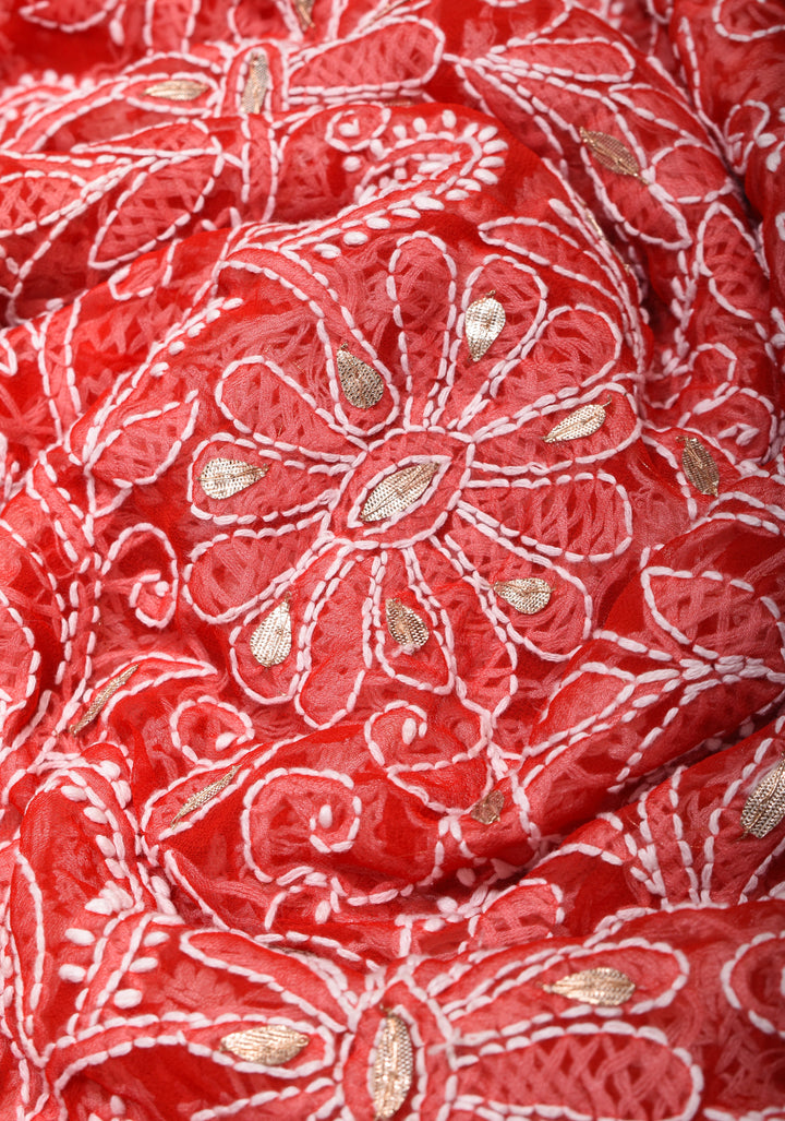 Authentic Red Hand-Embroidered Chikankari Georgette Saree with Full Jaal and Gotta Work