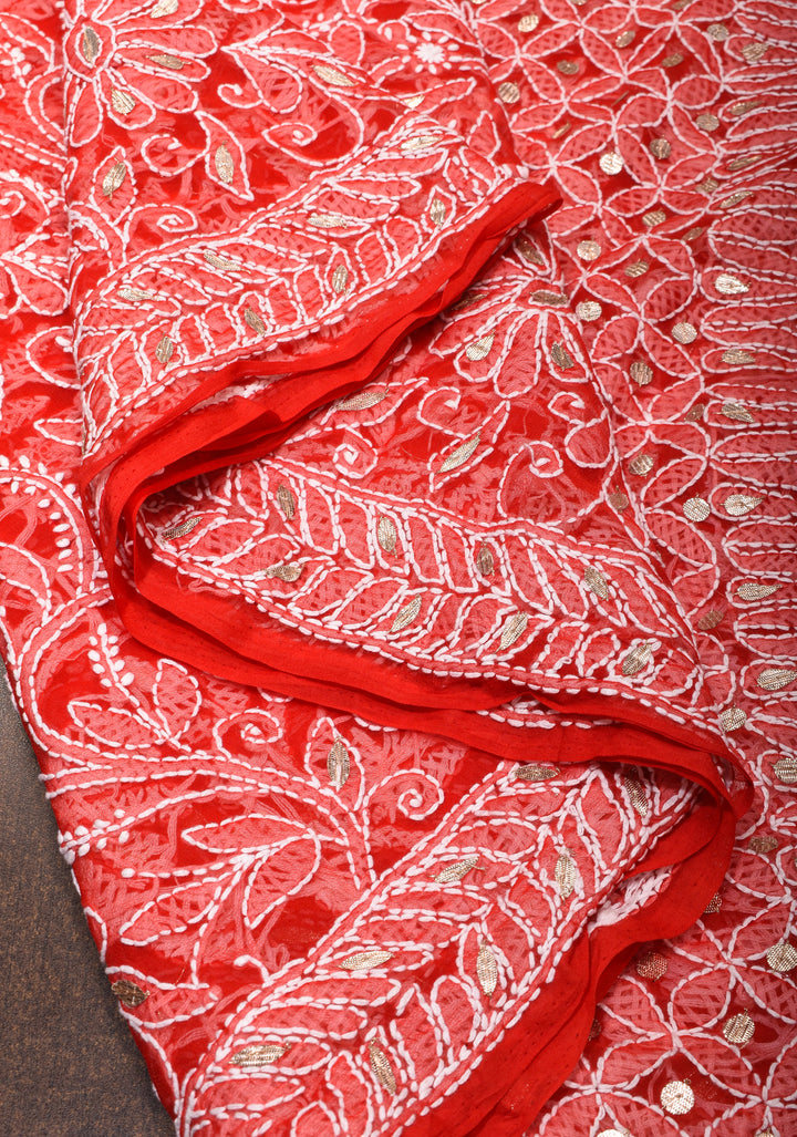 Authentic Red Hand-Embroidered Chikankari Georgette Saree with Full Jaal and Gotta Work