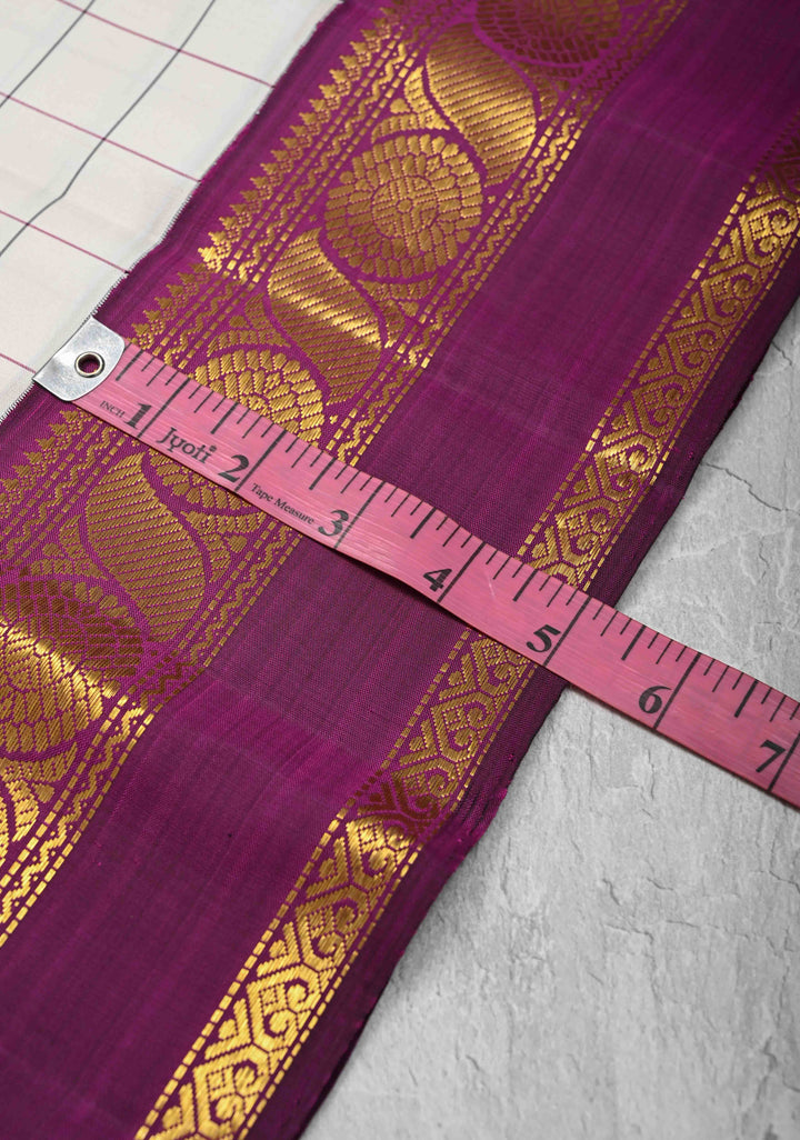 Ivory korvai Kanjivaram Pure Silk Saree with Checks and Contrast Zari Border | SILK MARK CERTIFIED