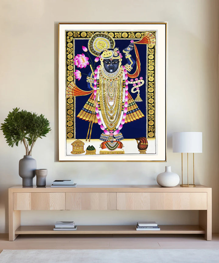 Shrinath ji Pichwai Hand Painting Wall Art On Cloth 36" x 24"(Unframed)