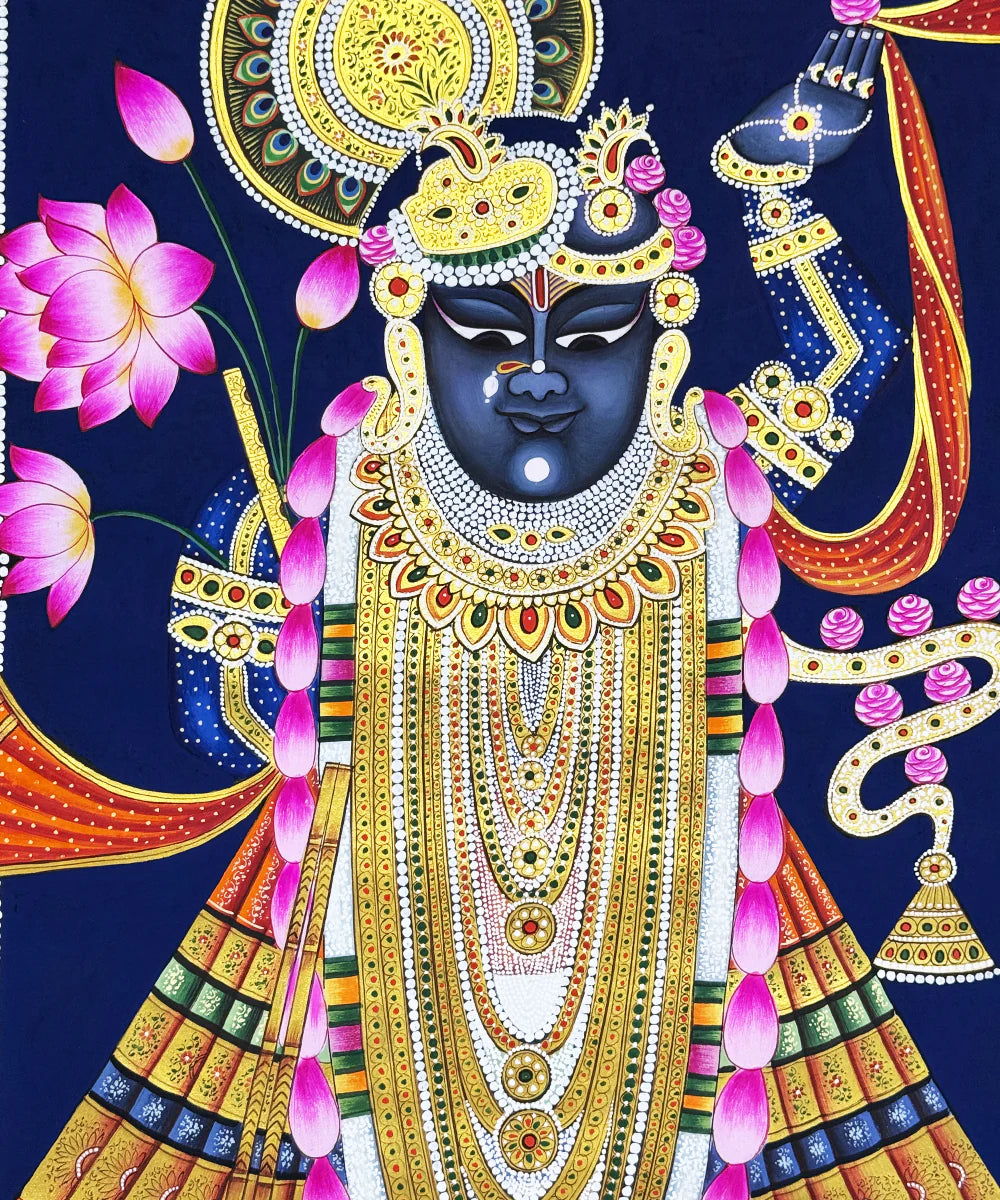 Shrinath ji Pichwai Hand Painting Wall Art On Cloth 36" x 24"(Unframed)