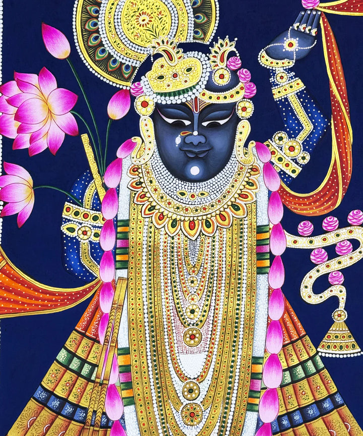 Shrinath ji Pichwai Hand Painting Wall Art On Cloth 36" x 24"(Unframed)