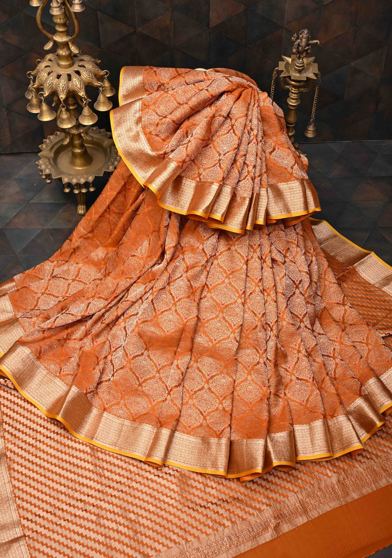 Brick Orange Mysore Silk Saree with Meenakari Brocade and Zari Border ...