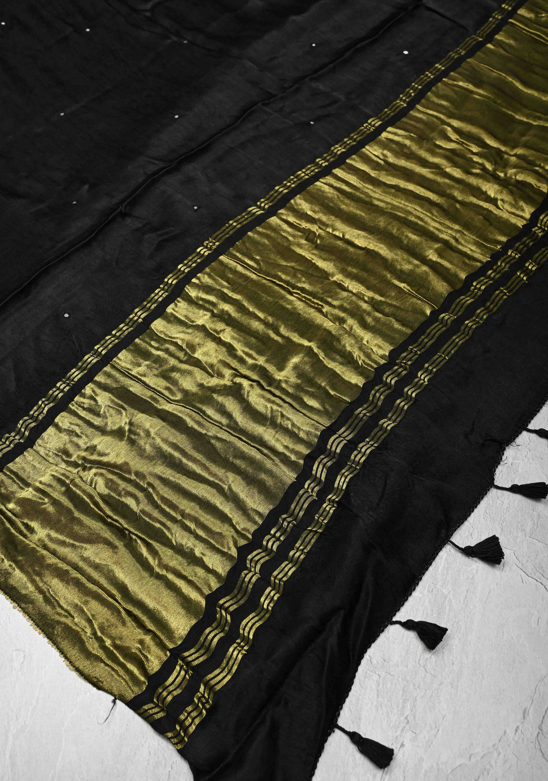 Black Gajji Silk Saree with Mirror work and Crushed Pallu