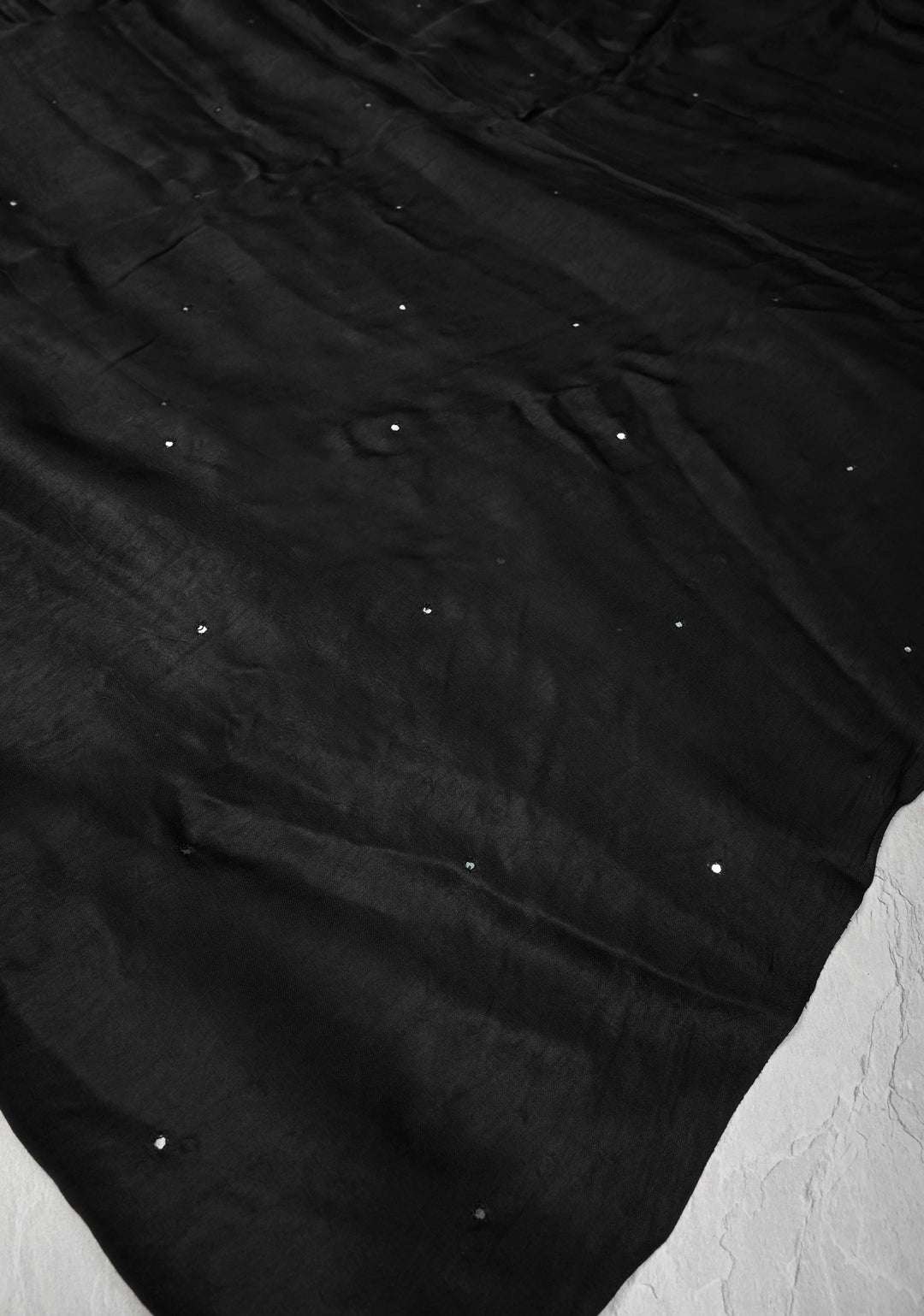 Black Gajji Silk Saree with Mirror work and Crushed Pallu