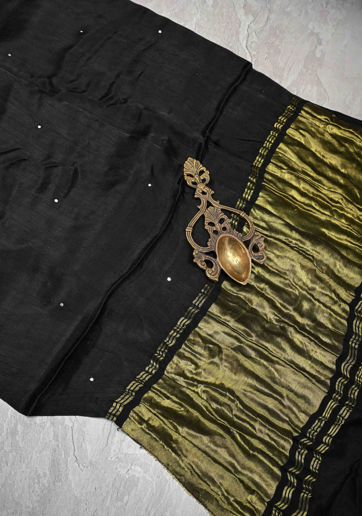 Black Gajji Silk Saree with Mirror work and Crushed Pallu