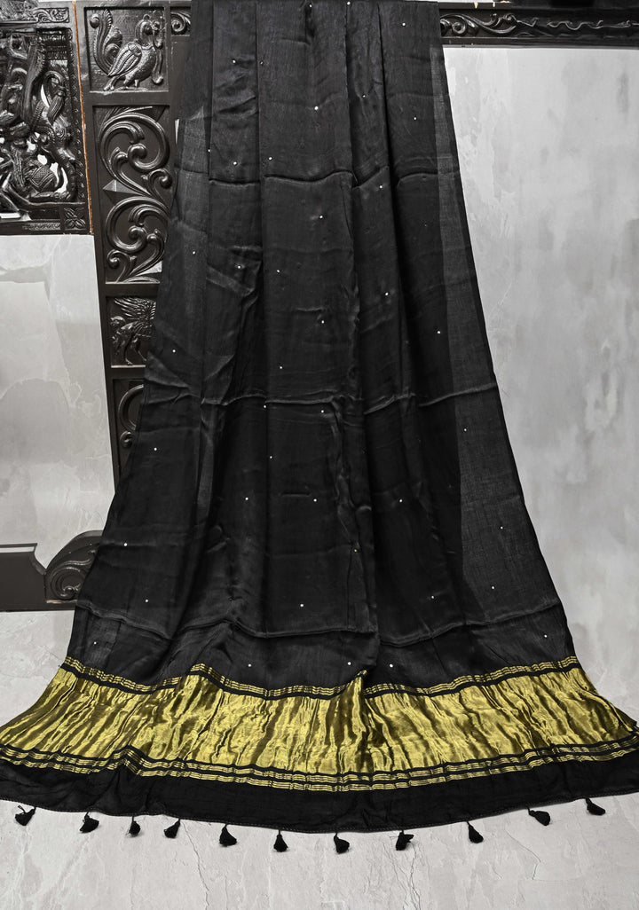 Black Gajji Silk Saree with Mirror work and Crushed Pallu