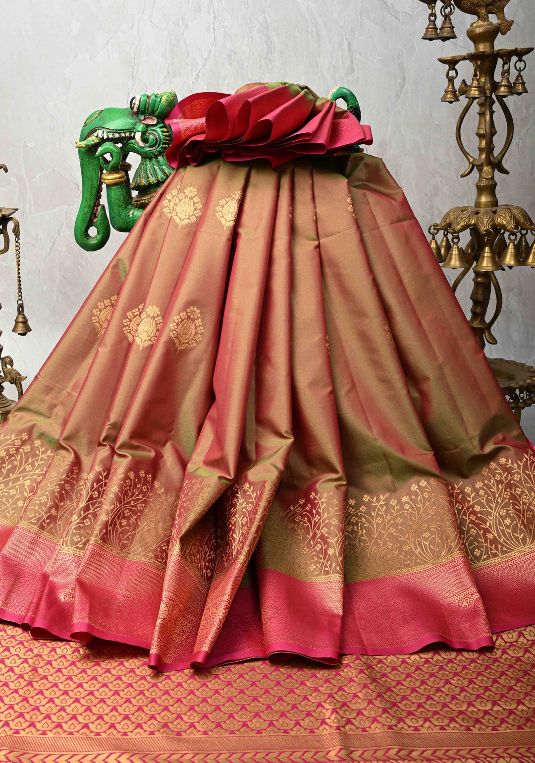 Green and Pink Dual tone  Mustard Dual tone Kanchi Semi Silk Saree with Floral Buttas and Contrast Purple Zari Border