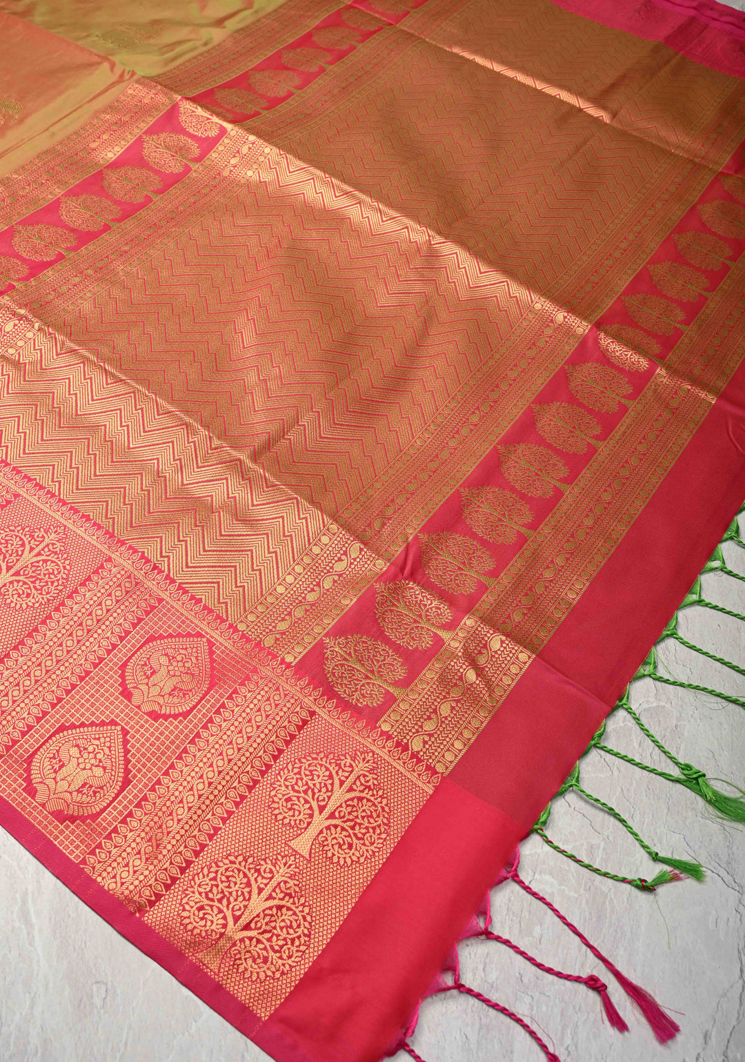 Green Dual tone Kanchi Semi Silk Saree with Peacock Buttas and Contrast Zari Border