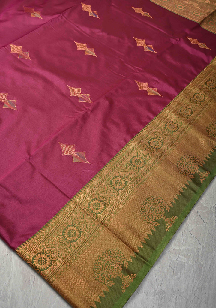 Magenta Kanchi Semi Silk Saree with Meenakari Floral Buttas and Zari Border