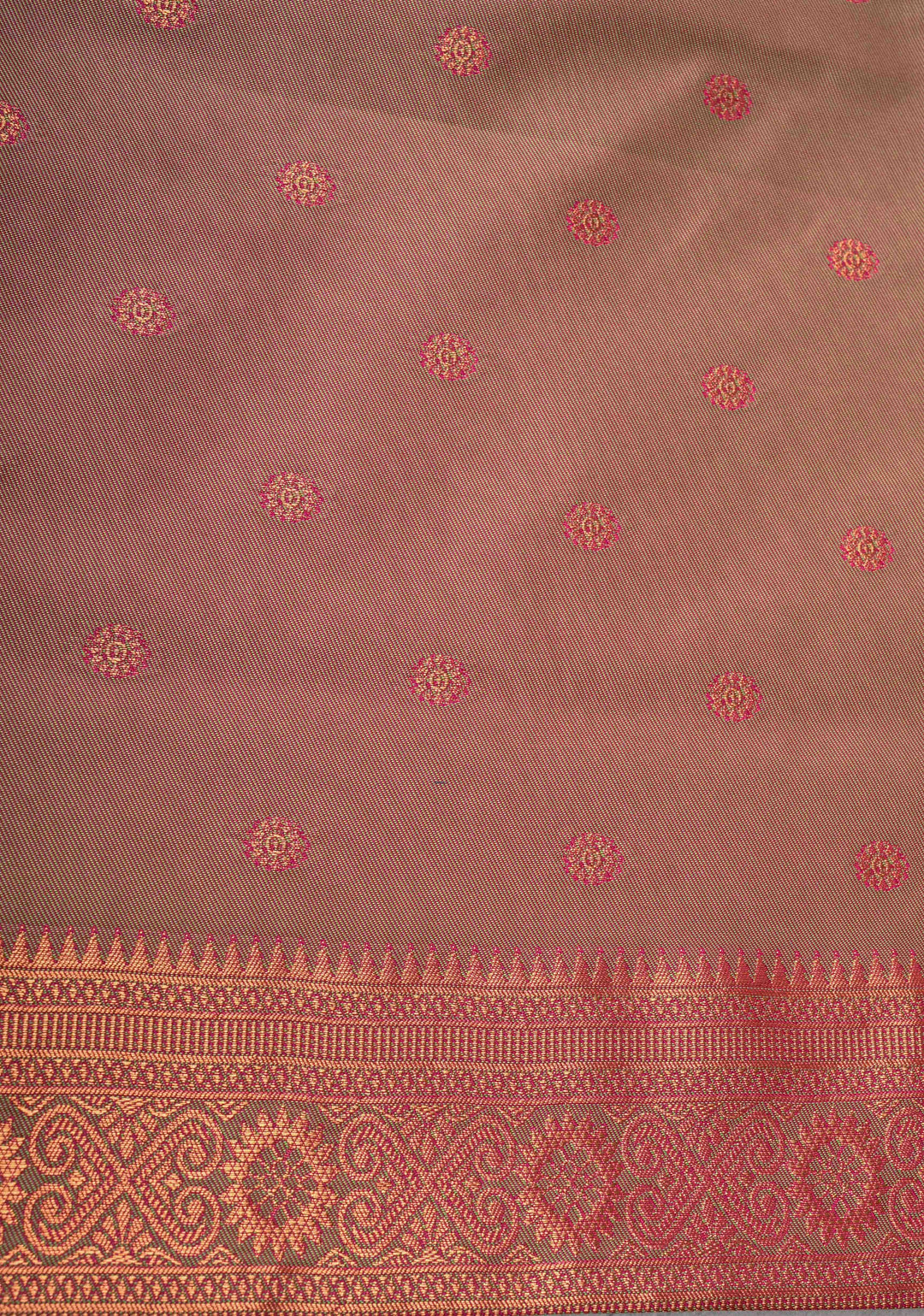 Deep Pink Kanchi Semi Silk Saree with Meenakari Floral Buttas and Zari Border
