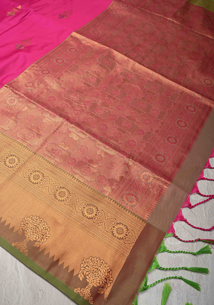 Deep Pink Kanchi Semi Silk Saree with Meenakari Floral Buttas and Zari Border