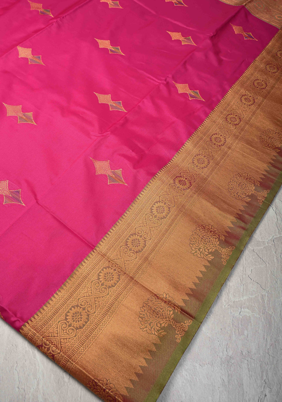 Deep Pink Kanchi Semi Silk Saree with Meenakari Floral Buttas and Zari Border