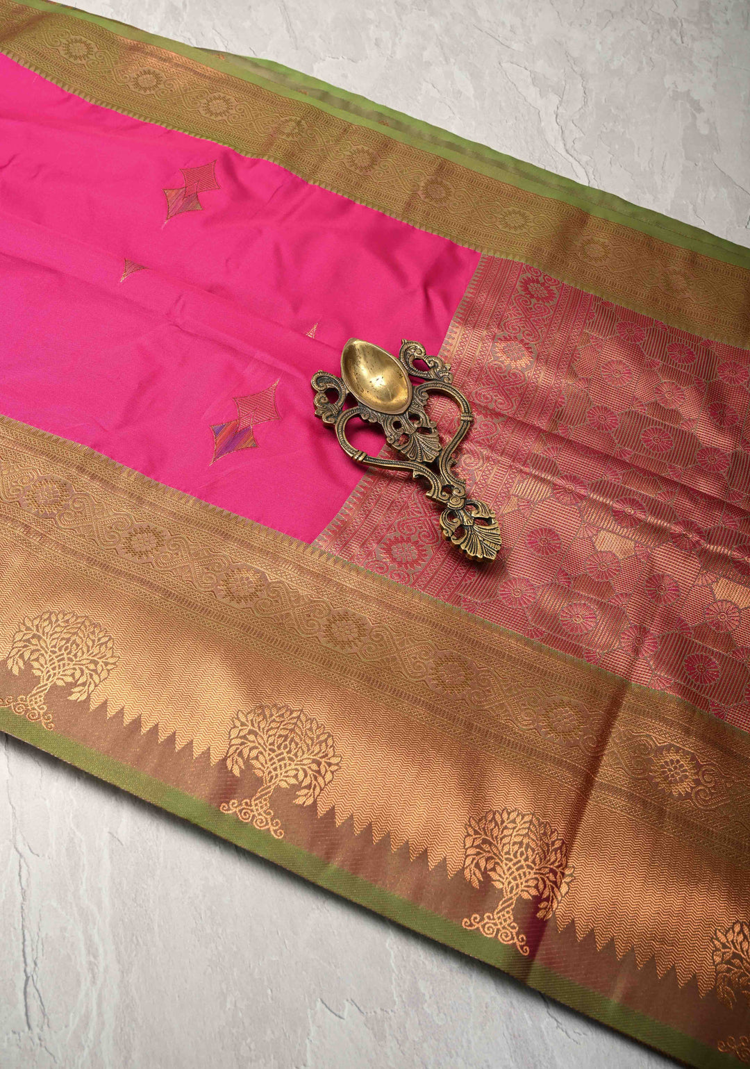 Deep Pink Kanchi Semi Silk Saree with Meenakari Floral Buttas and Zari Border
