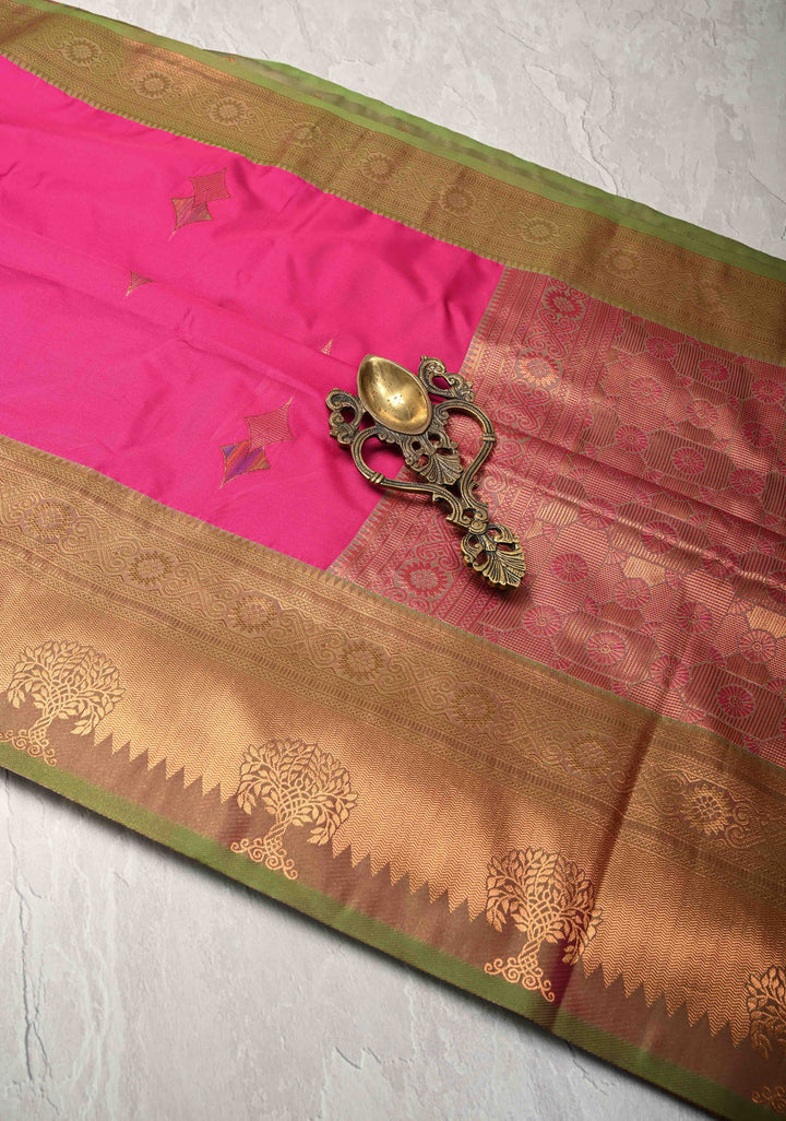Deep Pink Kanchi Semi Silk Saree with Meenakari Floral Buttas and Zari Border