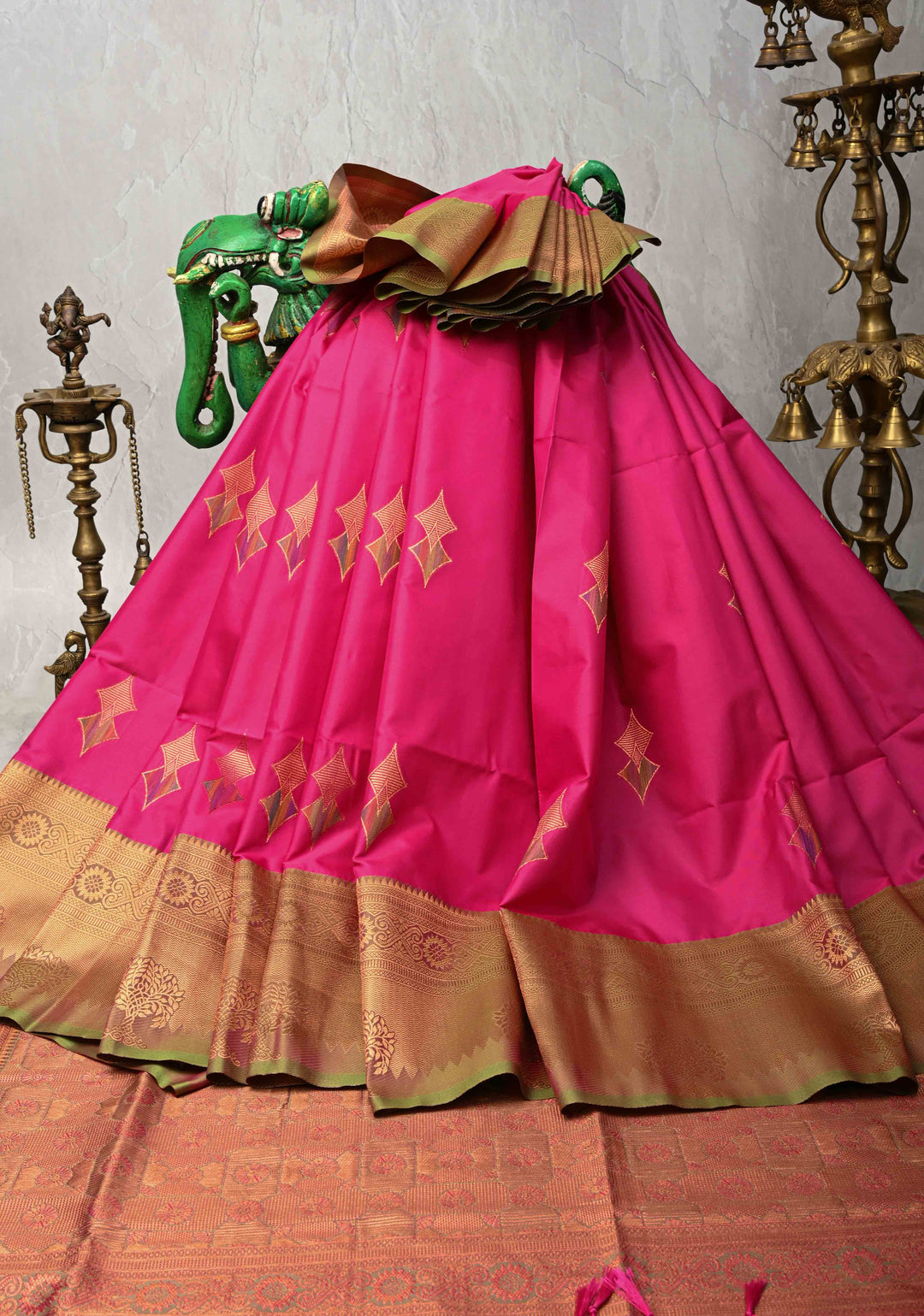 Deep Pink Kanchi Semi Silk Saree with Meenakari Floral Buttas and Zari Border