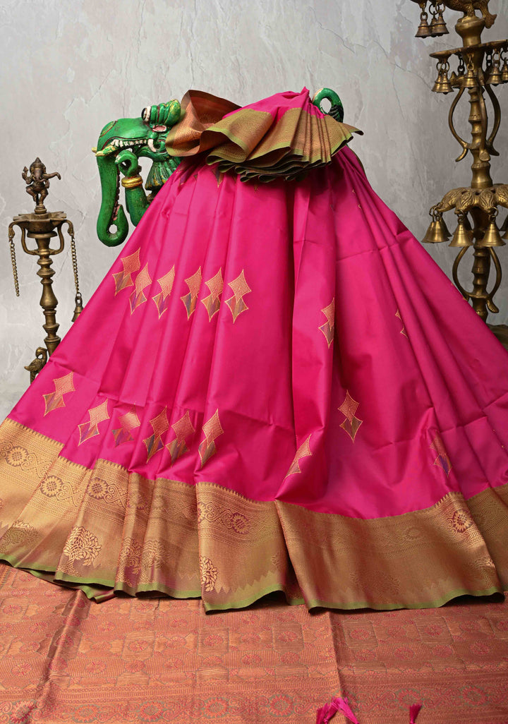 Deep Pink Kanchi Semi Silk Saree with Meenakari Floral Buttas and Zari Border
