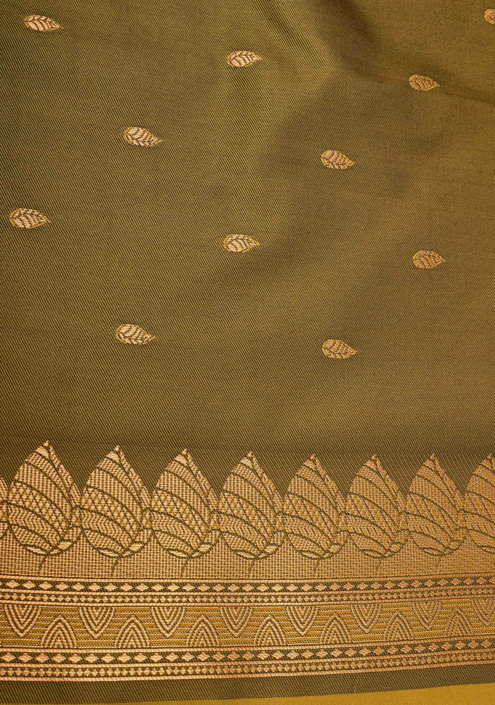Moss Green Kanchi Semi Silk Saree with Leaf Buttas and Zari Border
