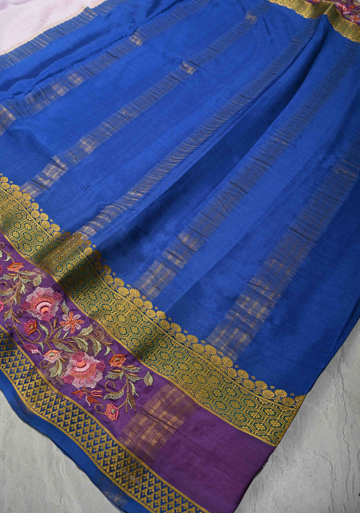 Fog Grey White Mysore Silk saree with Parsi Gara style machine embroidery and  KSIC Grade Thickness | SILK MARK CERTIFIED