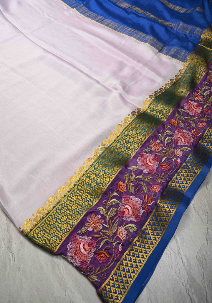 Fog Grey White Mysore Silk saree with Parsi Gara style machine embroidery and  KSIC Grade Thickness | SILK MARK CERTIFIED