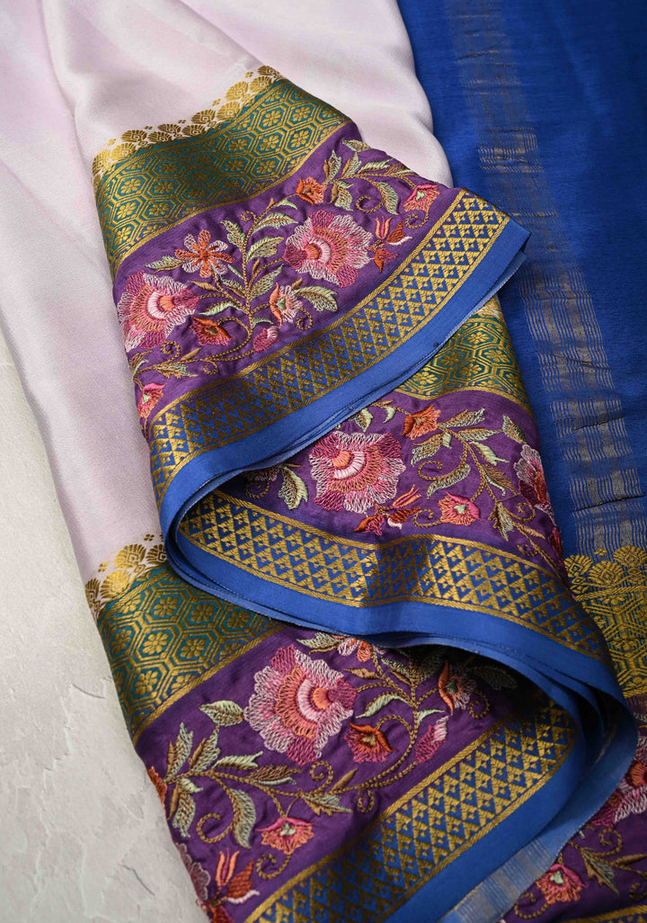 Fog Grey White Mysore Silk saree with Parsi Gara style machine embroidery and  KSIC Grade Thickness | SILK MARK CERTIFIED