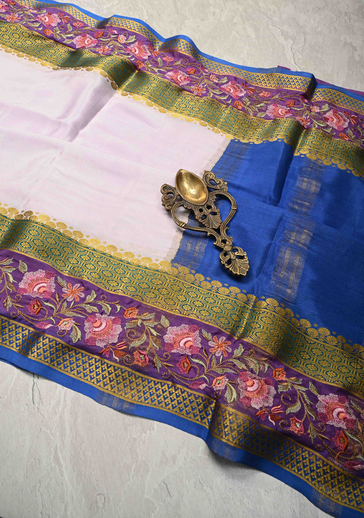 Fog Grey White Mysore Silk saree with Parsi Gara style machine embroidery and  KSIC Grade Thickness | SILK MARK CERTIFIED