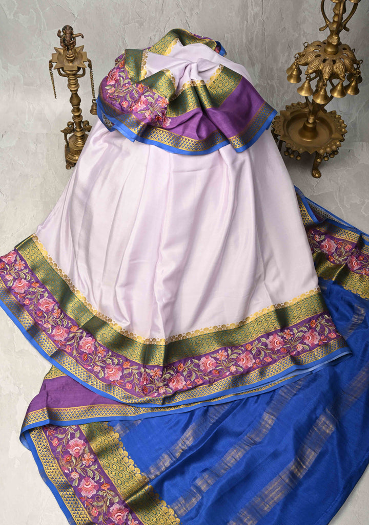 Fog Grey White Mysore Silk saree with Parsi Gara style machine embroidery and  KSIC Grade Thickness | SILK MARK CERTIFIED