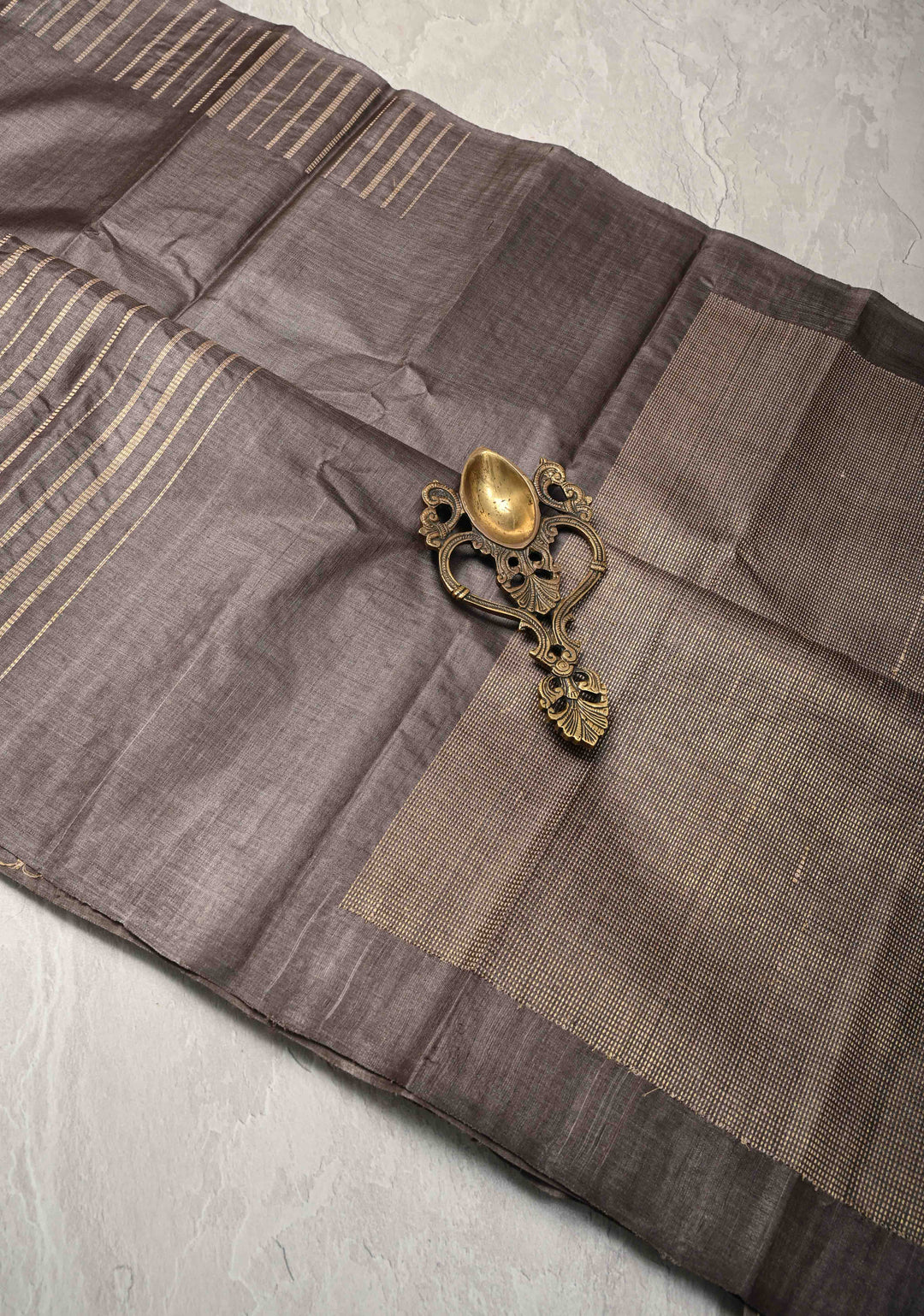 Charcoal Brown Tussar Silk saree with Resham Vertical Stripes on Border  | SILK MARK CERTIFIED