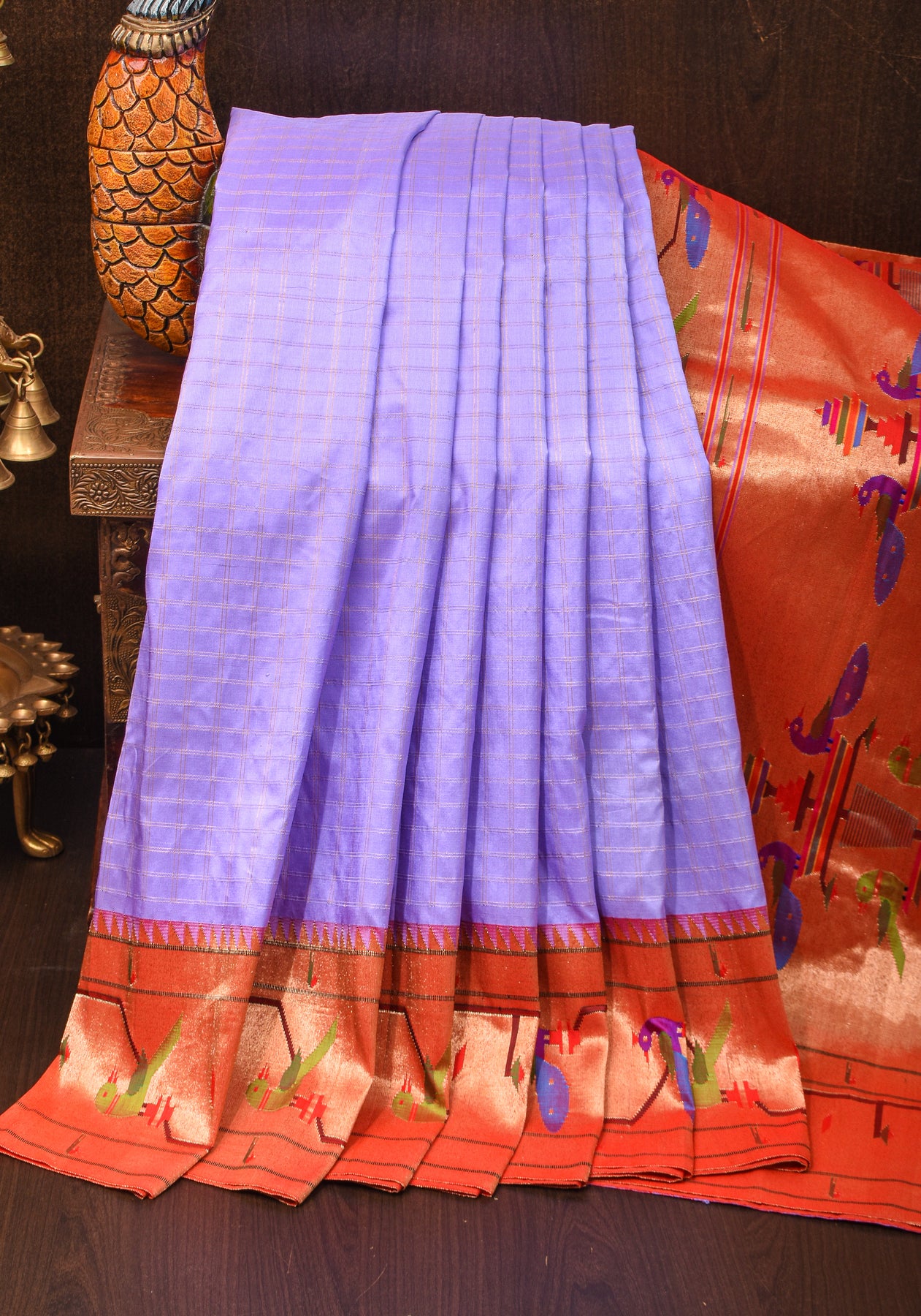 Pure Silk Handloom Yeola Paithani - Traditional Double Pallu - Dark Blue  with Purple border