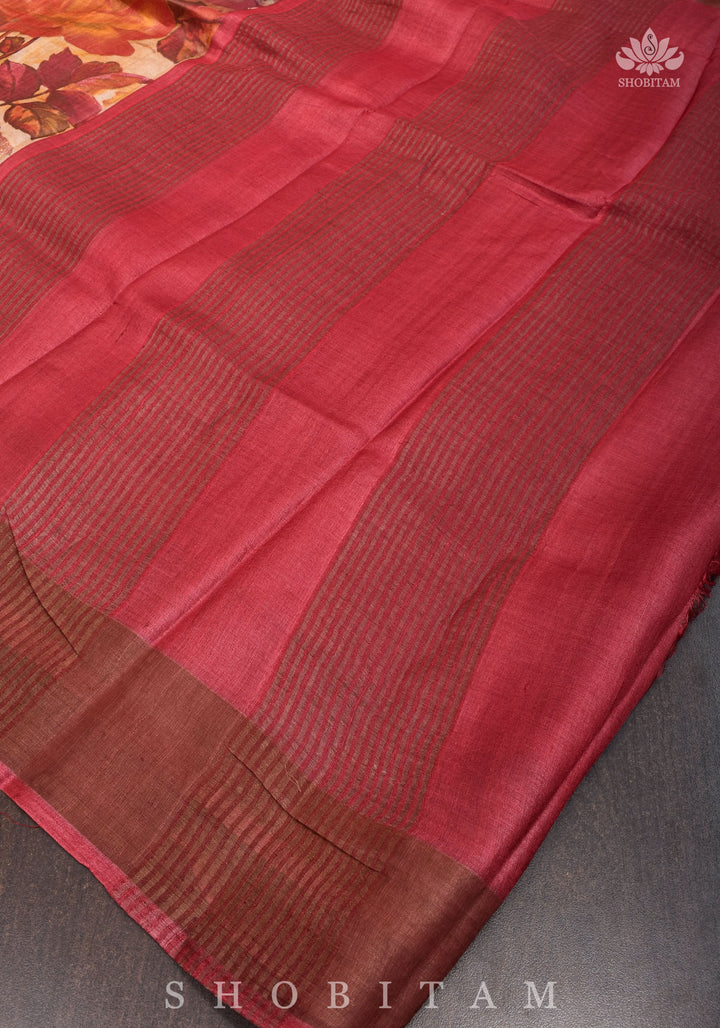 Jari Tussar Silk Saree with Floral Digital Print in Beige | SILK MARK CERTIFIED jii