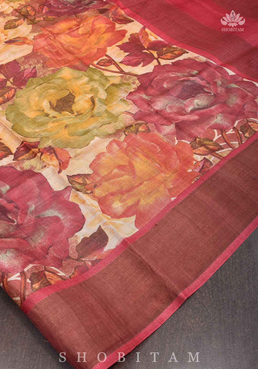 Jari Tussar Silk Saree with Floral Digital Print in Beige | SILK MARK CERTIFIED jii