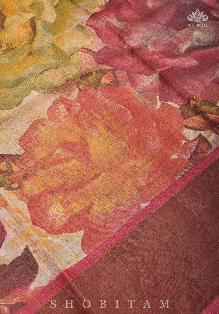 Jari Tussar Silk Saree with Floral Digital Print in Beige | SILK MARK CERTIFIED jii