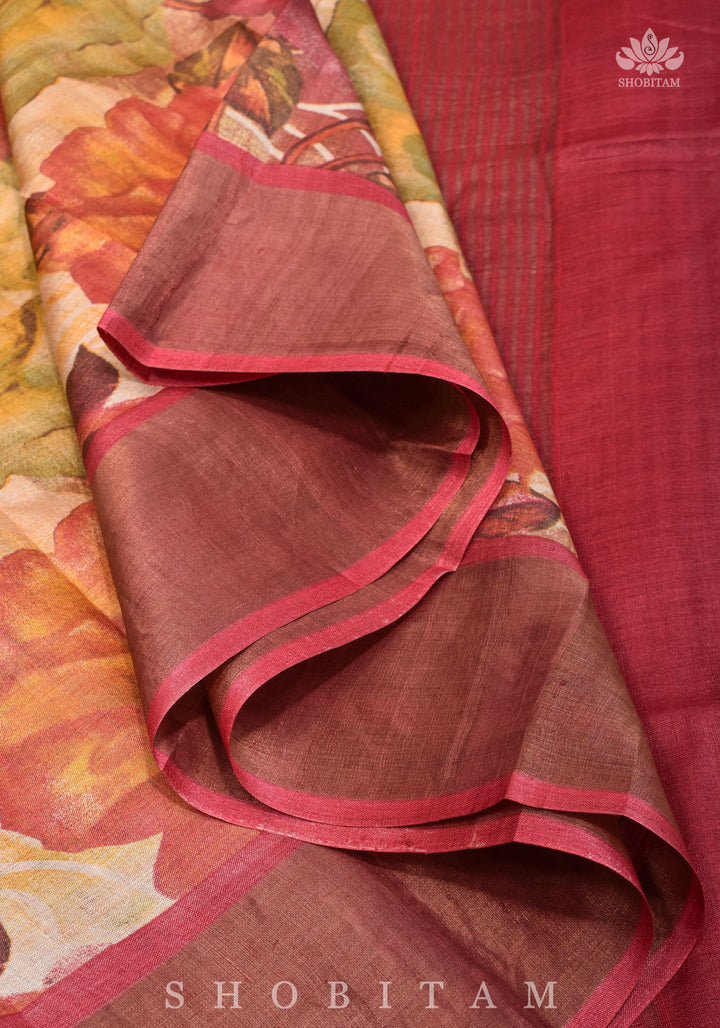 Jari Tussar Silk Saree with Floral Digital Print in Beige | SILK MARK CERTIFIED jii