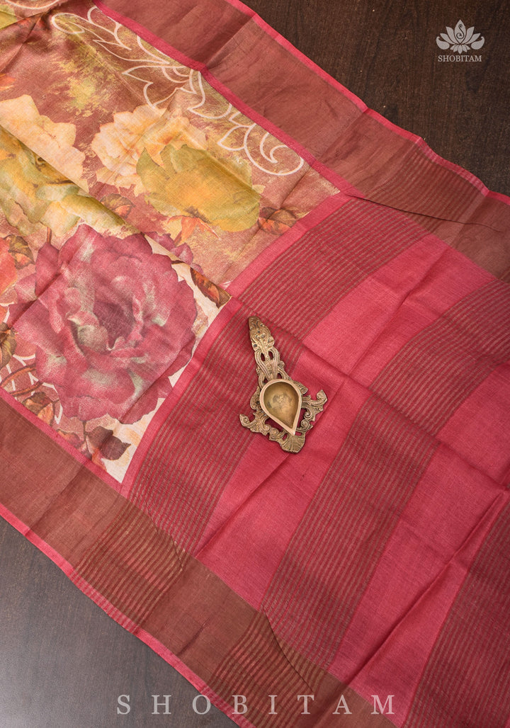 Jari Tussar Silk Saree with Floral Digital Print in Beige | SILK MARK CERTIFIED jii