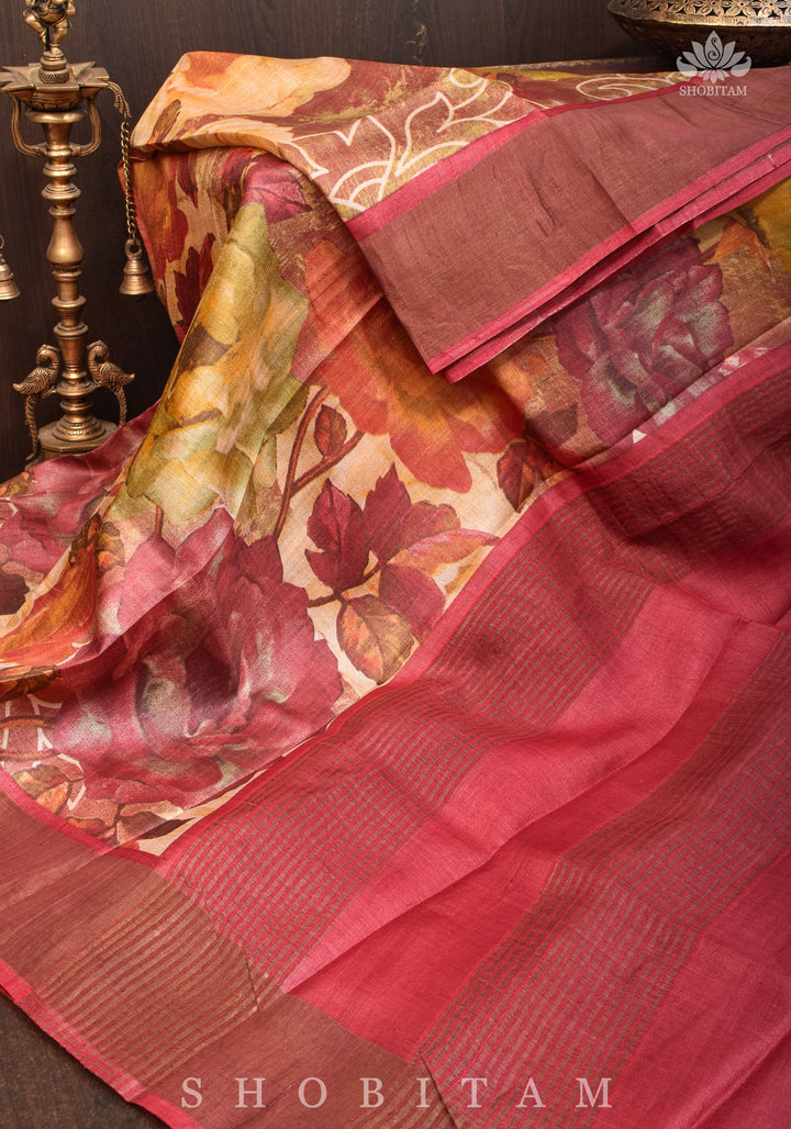 Jari Tussar Silk Saree with Floral Digital Print in Beige | SILK MARK CERTIFIED jii