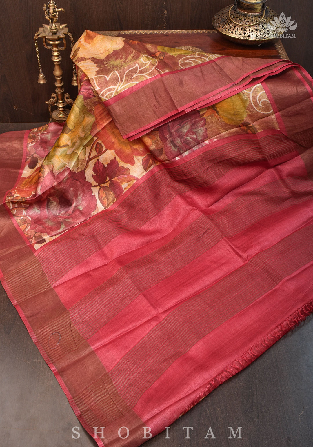 Jari Tussar Silk Saree with Floral Digital Print in Beige | SILK MARK CERTIFIED jii