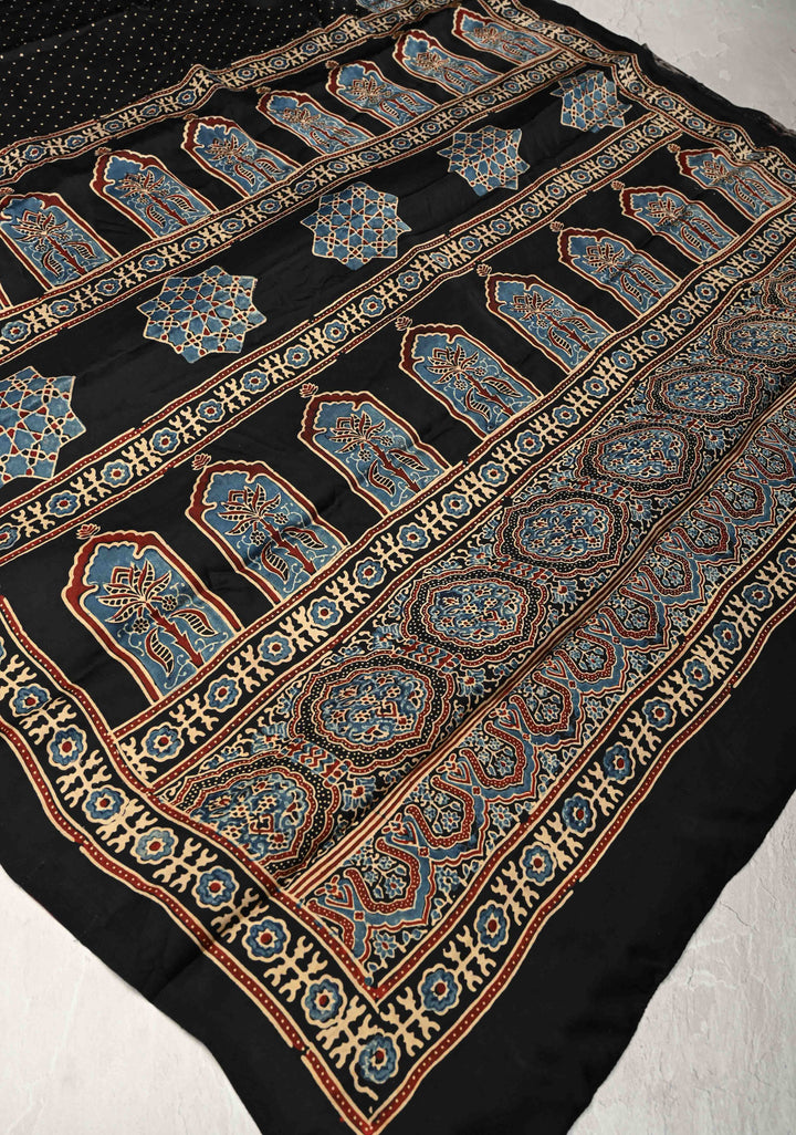 Black Modal Silk Saree with Ajrakh Hand Block Print