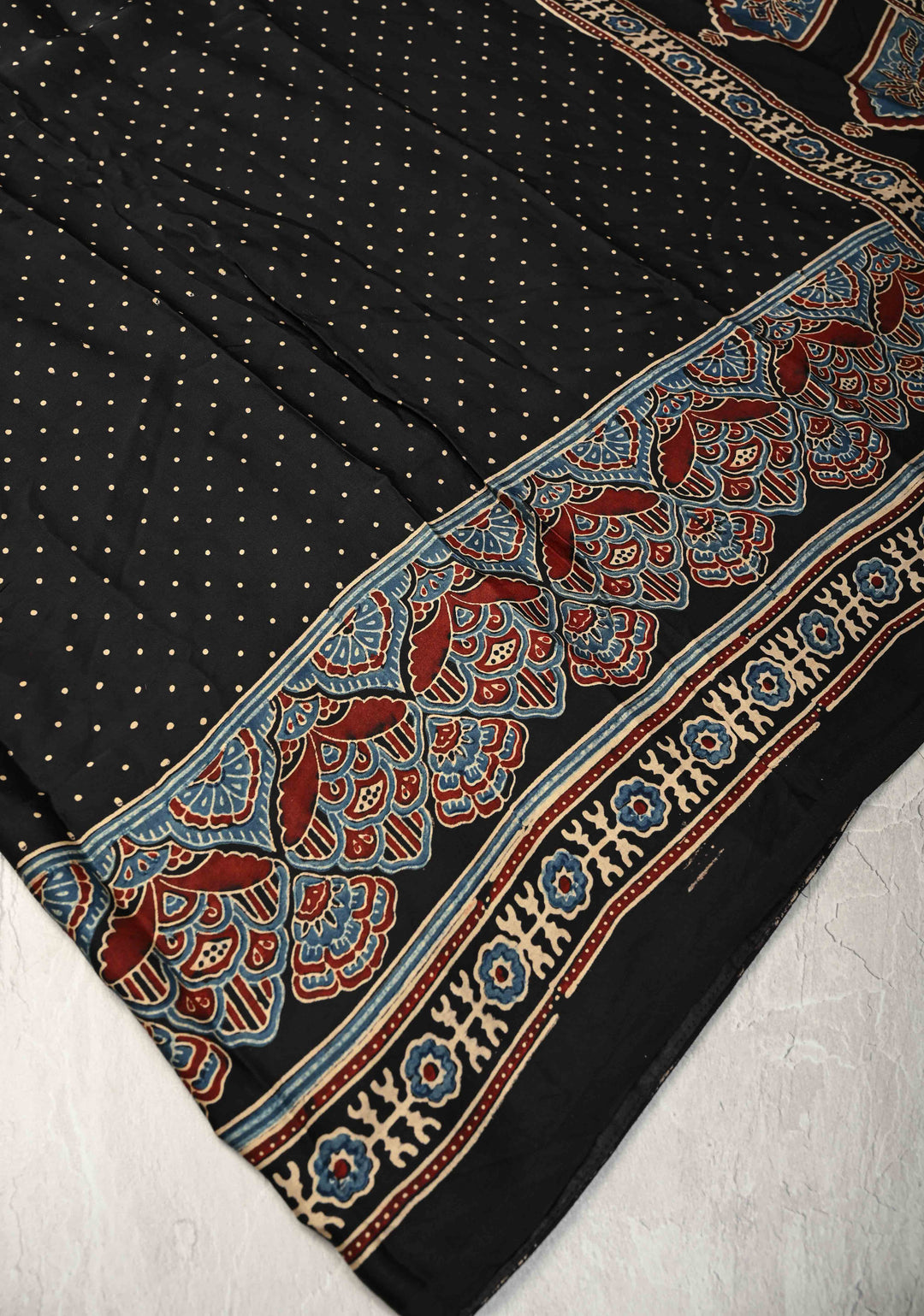 Black Modal Silk Saree with Ajrakh Hand Block Print