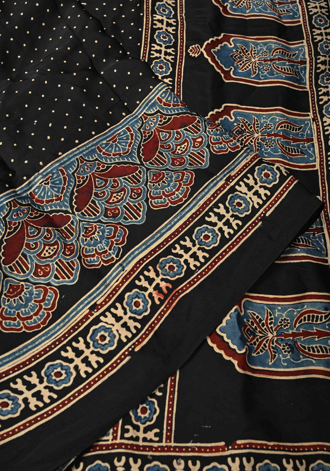 Black Modal Silk Saree with Ajrakh Hand Block Print