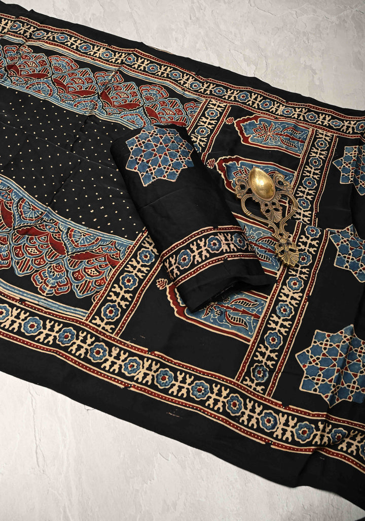 Black Modal Silk Saree with Ajrakh Hand Block Print