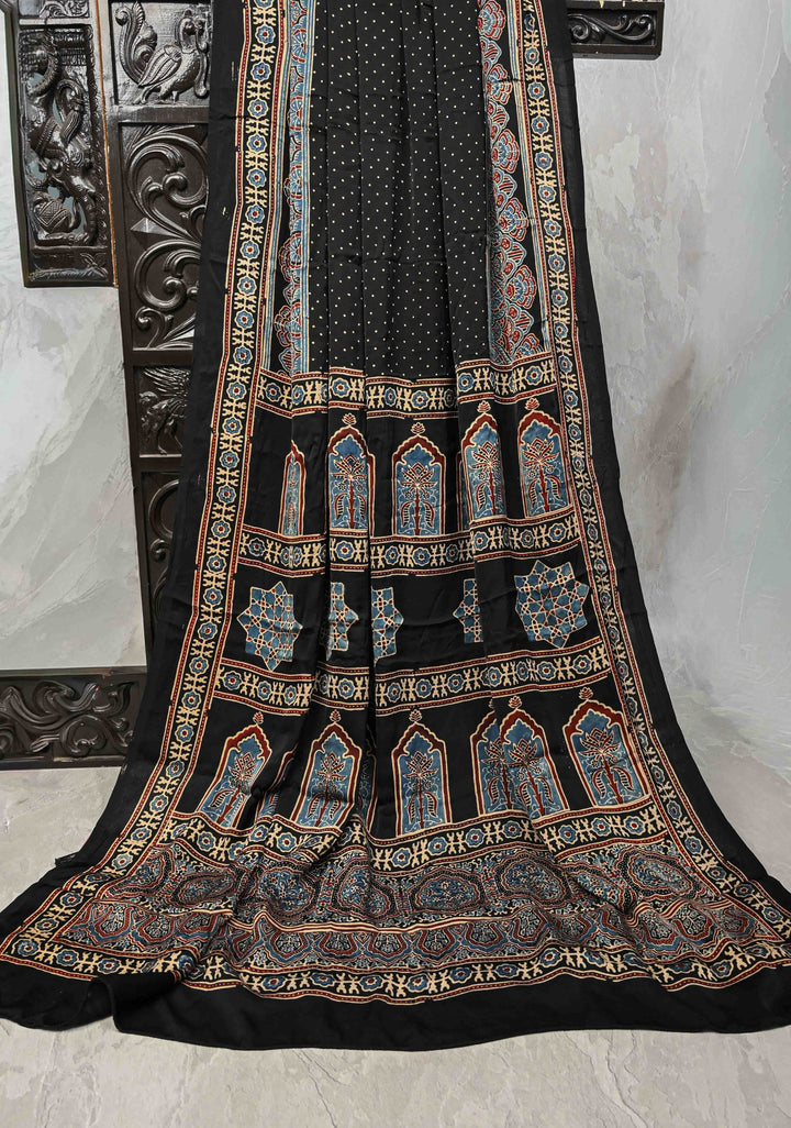 Black Modal Silk Saree with Ajrakh Hand Block Print