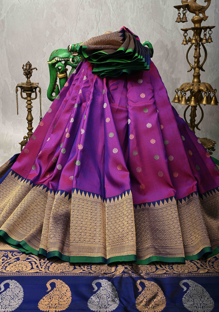 Purple Pure Gadwal Silk Saree with Gold-Silver Buttas and Contrast Zari Border | SILK MARK CERTIFIED