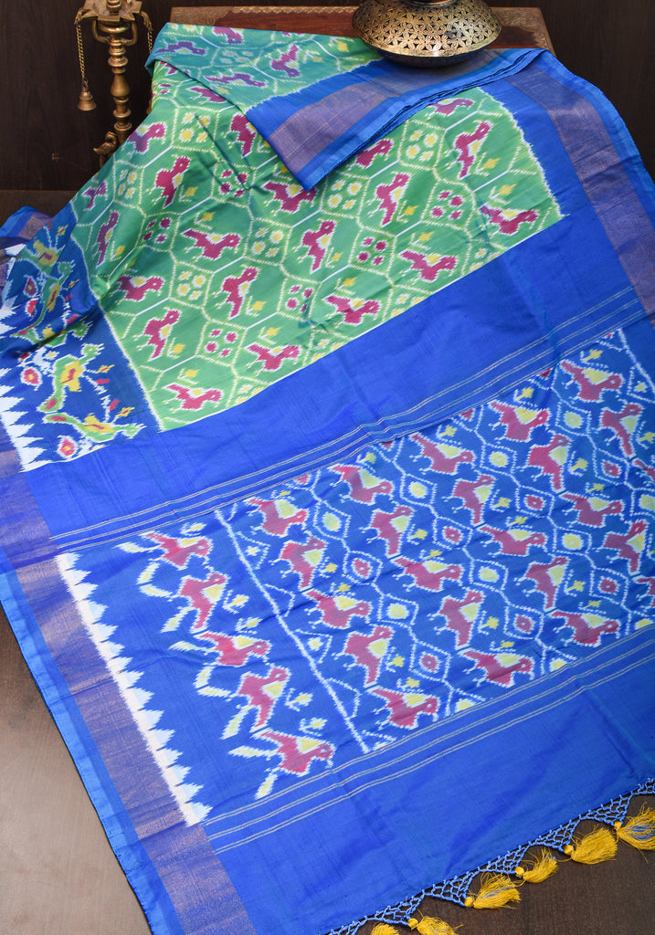 Blue Pochampally Silk Saree With Pink Zari Border And Chevron Body Ikk –  Panjavarnam