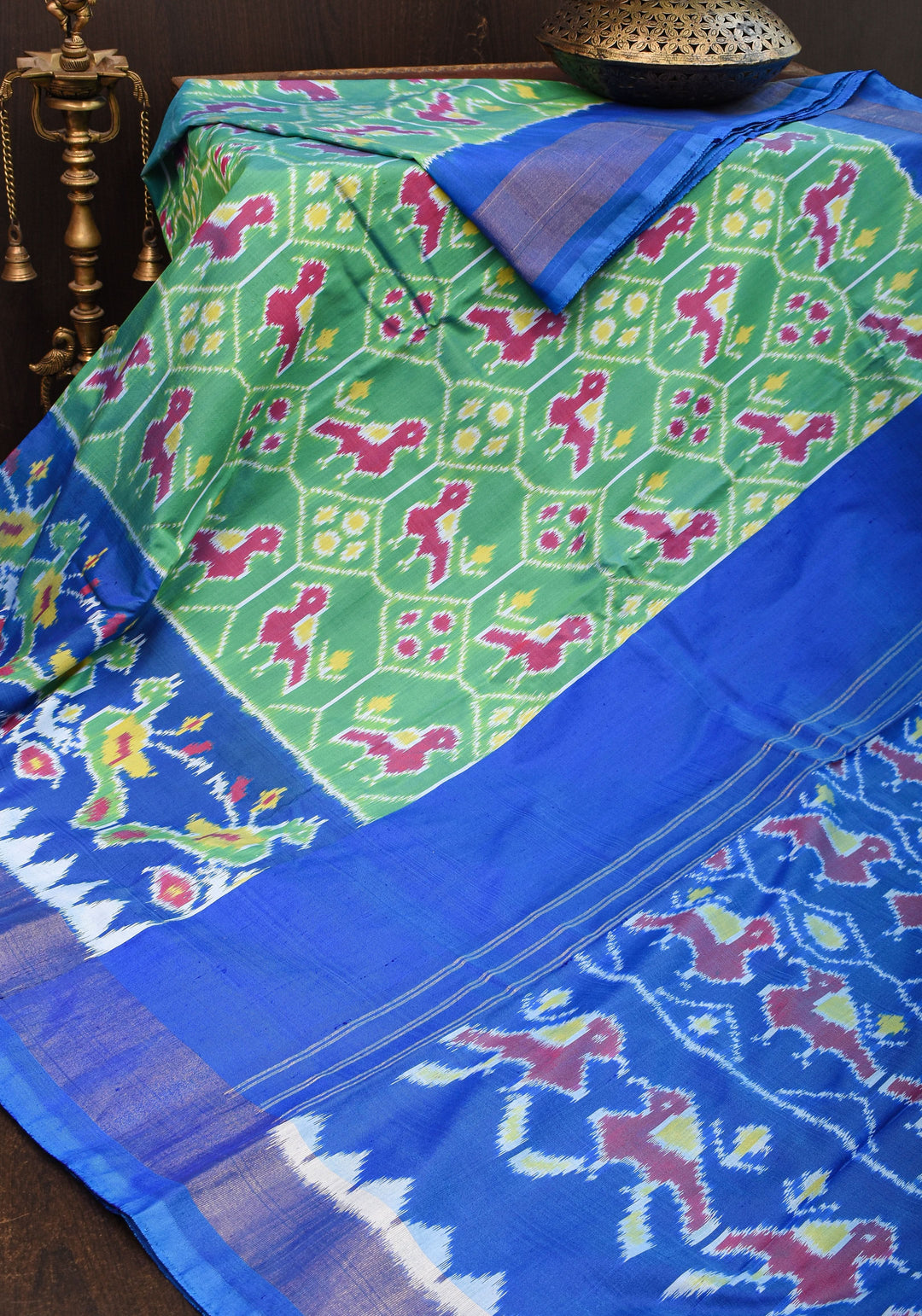 Ikkat Handwoven Silk Cotton Saree high quality in Lime Green and Plum | Sarees By Shobitam