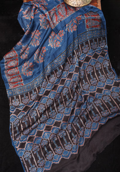 Ajrakh Hand Block Print on Blue Modal Silk Saree