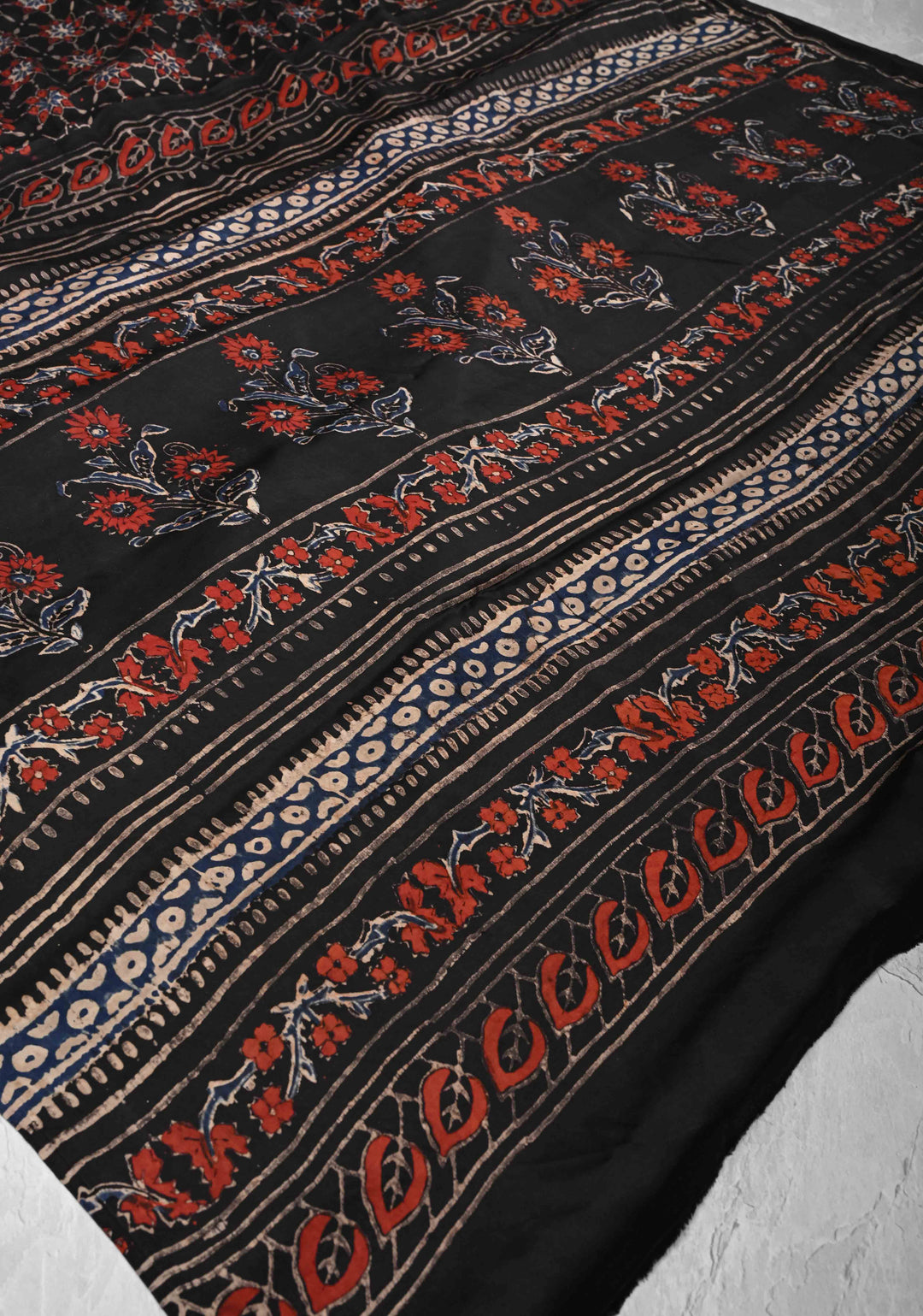 Black Ajrakh Modal Silk Saree with Floral Hand Block Print