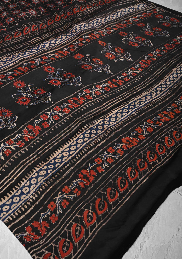 Black Ajrakh Modal Silk Saree with Floral Hand Block Print