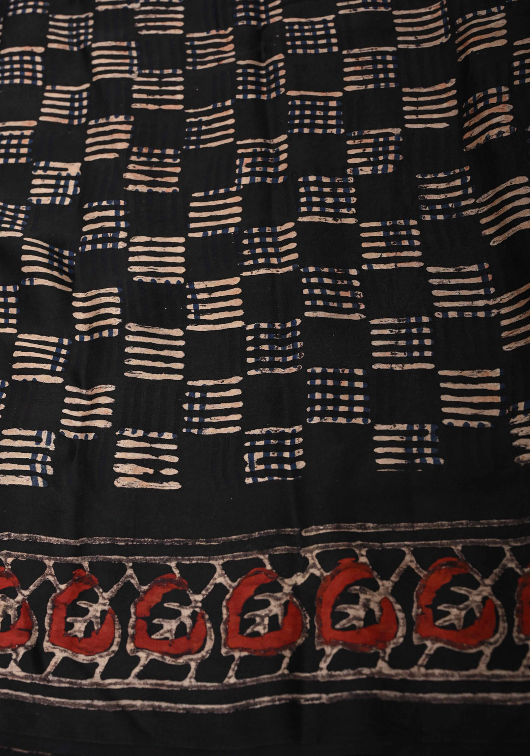Black Ajrakh Modal Silk Saree with Floral Hand Block Print