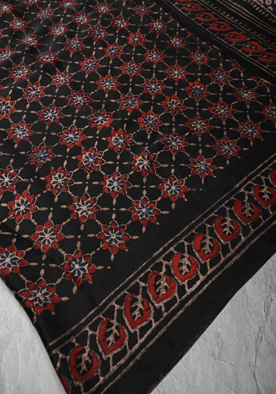 Black Ajrakh Modal Silk Saree with Floral Hand Block Print