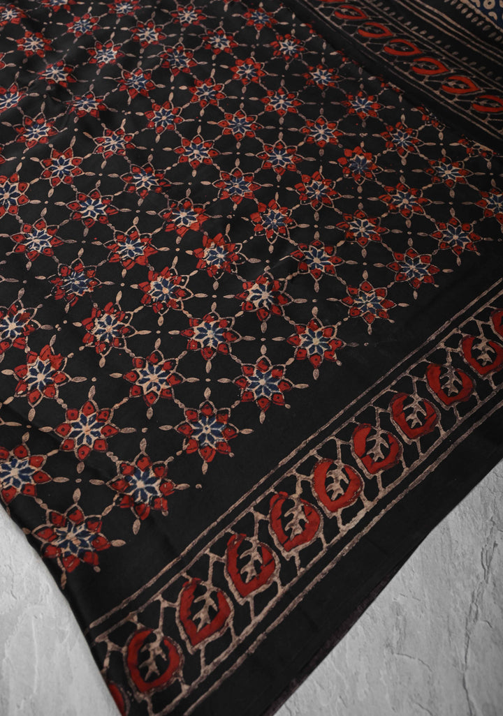 Black Ajrakh Modal Silk Saree with Floral Hand Block Print